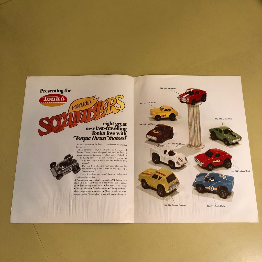 The second and third pages of the Tonka Scramblers brochure shows the eight cars available in the series.